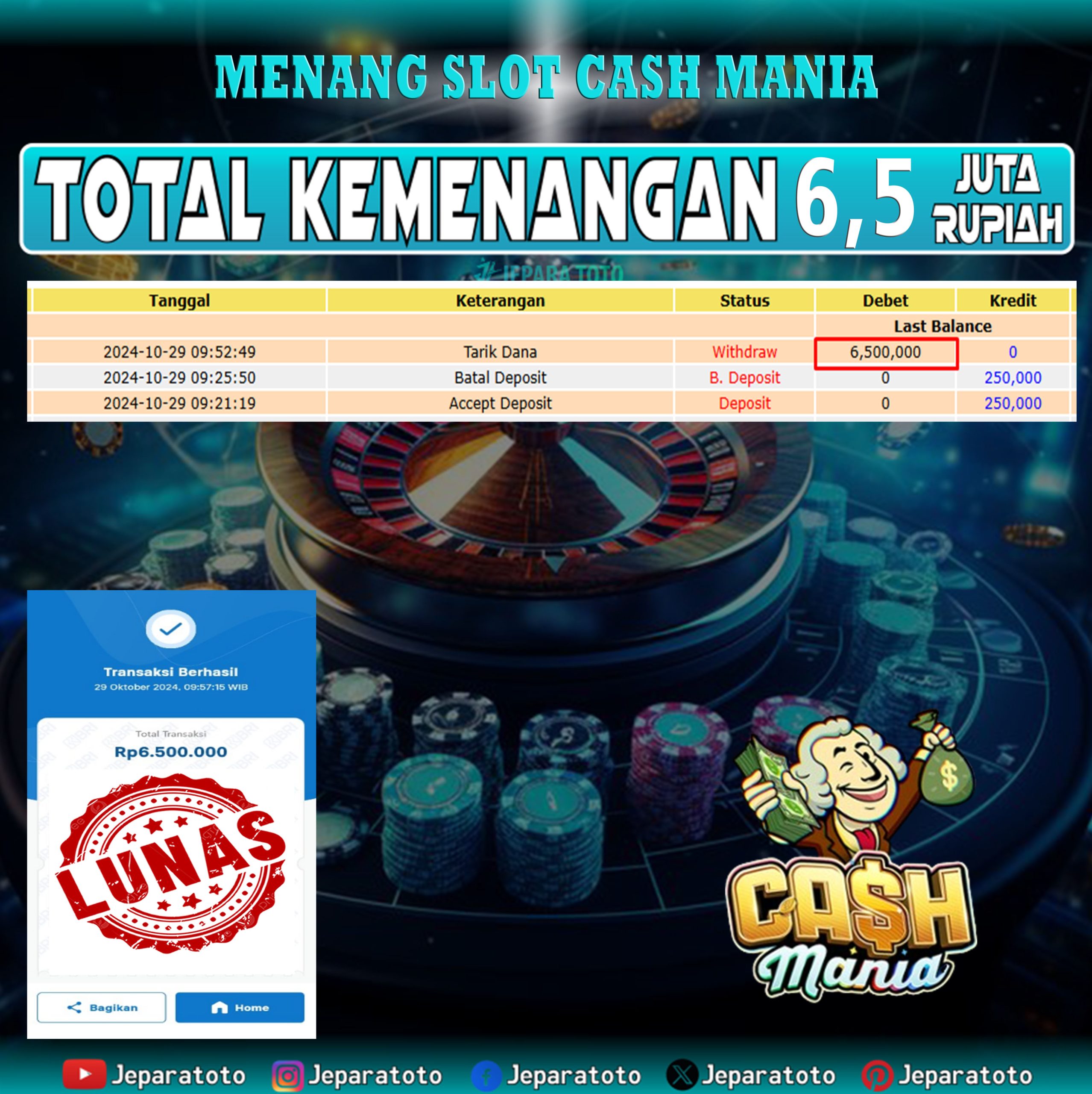 BUKTI KEMENANGAN SLOT CASH MANIA MEMBER JEPARATOTO