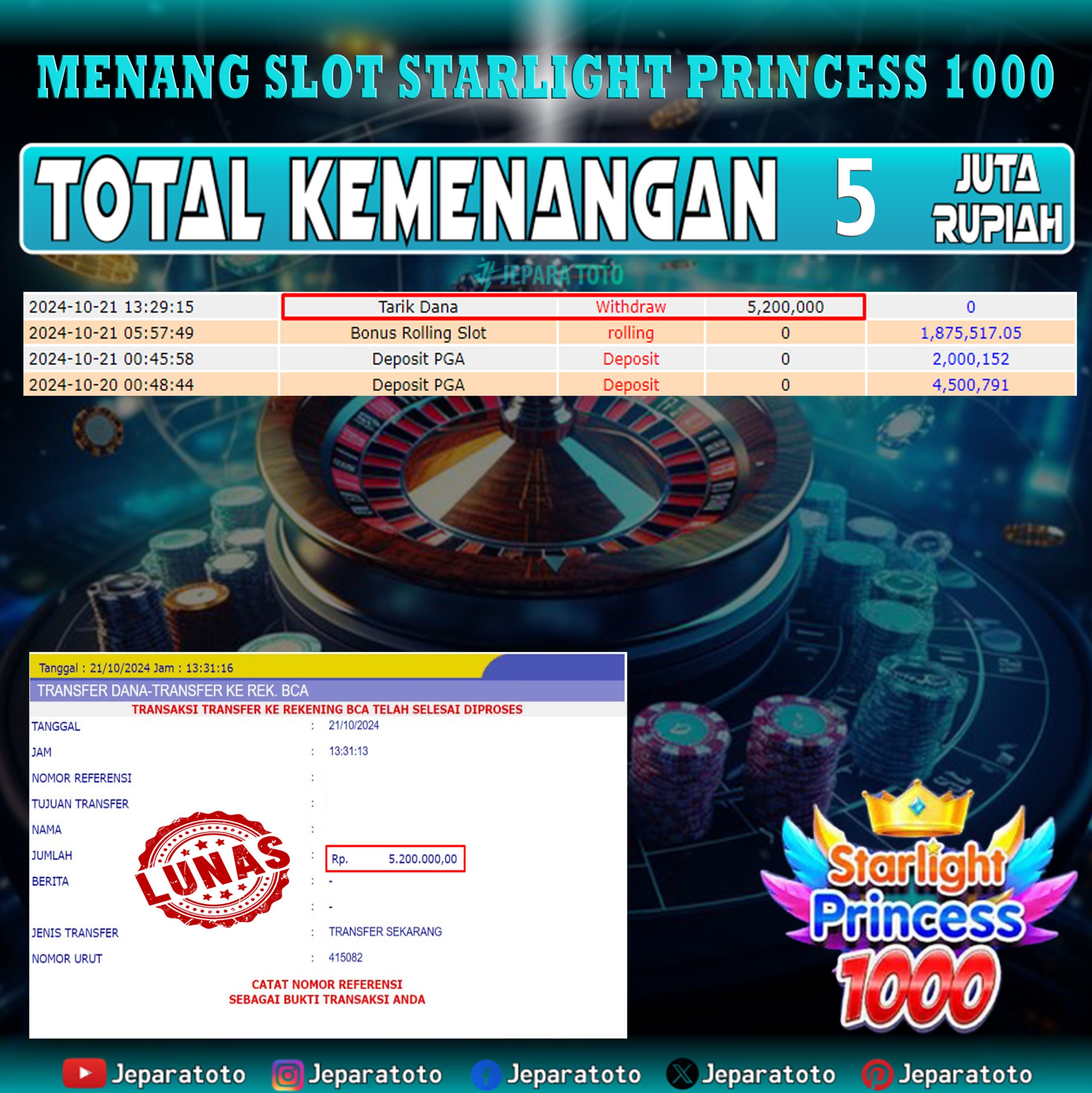 BUKTI KEMENANGAN SLOT STARLIGHT PRINCESS X 1000 MEMBER JEPARATOTO