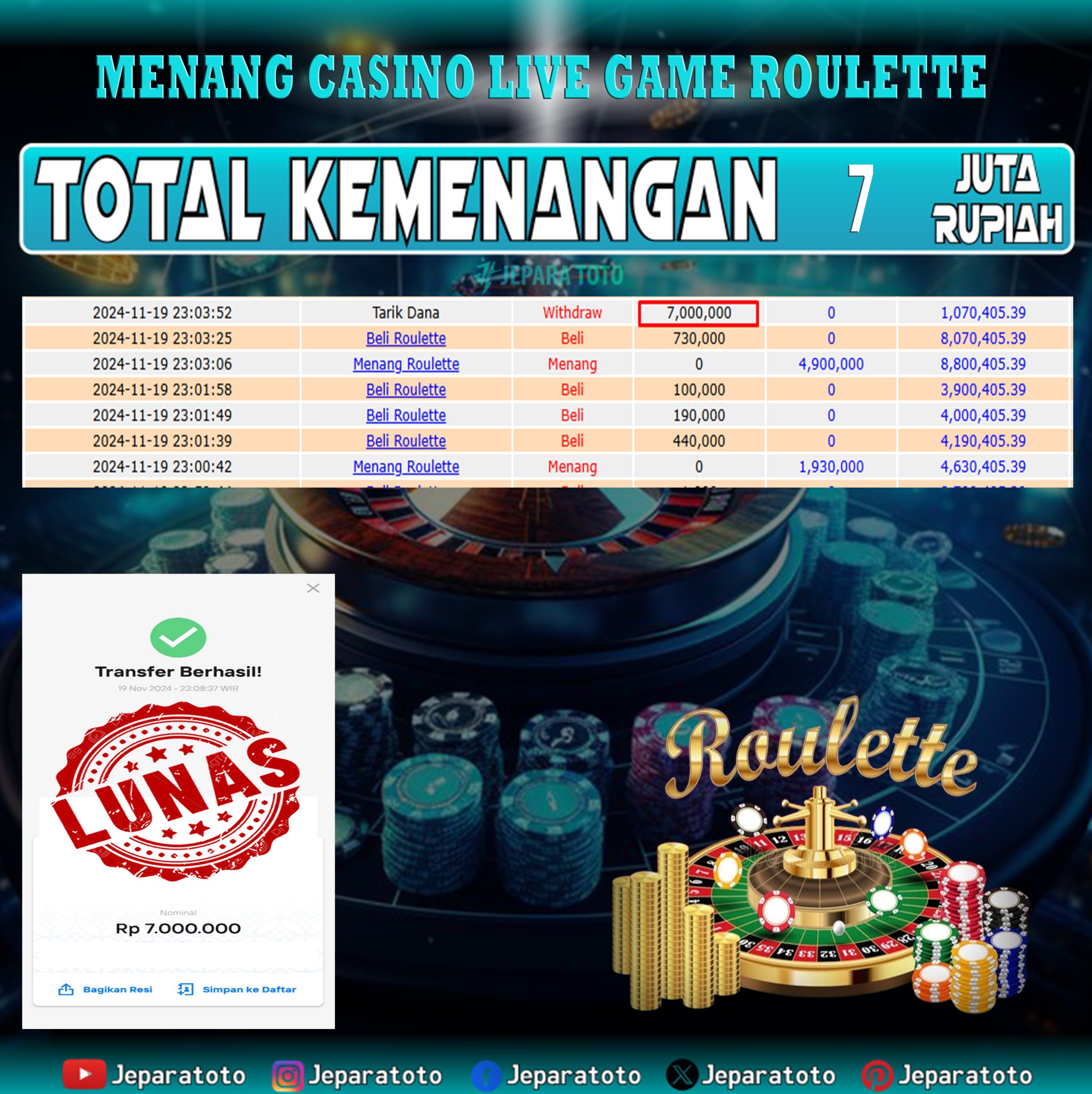 BUKTI KEMENANGAN CASINO LIVE GAME ROULETTE MEMBER JEPARATOTO