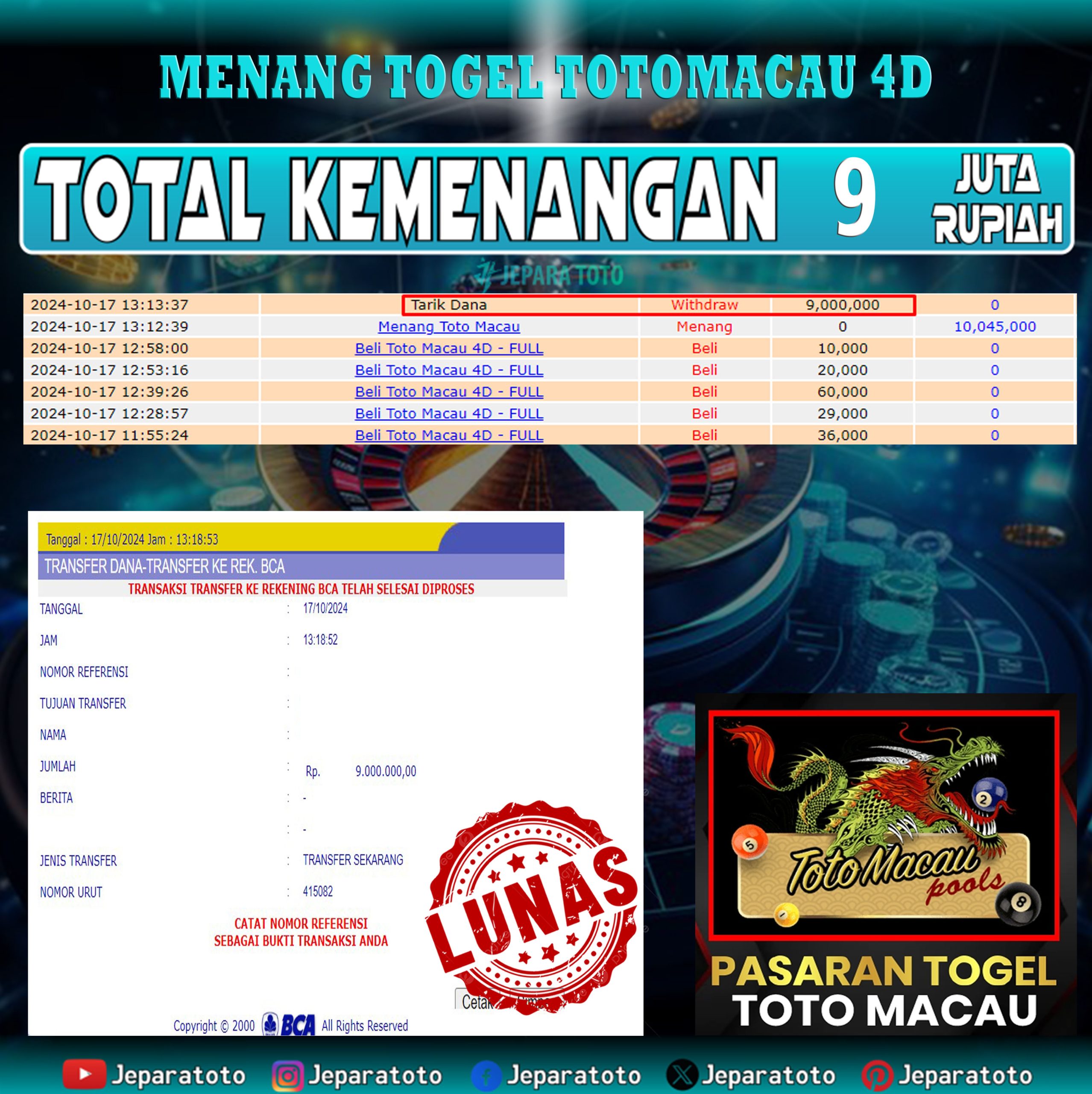 BUKTI KEMENANGAN TOGEL TOTO MACAU 4D MEMBER JEPARATOTO