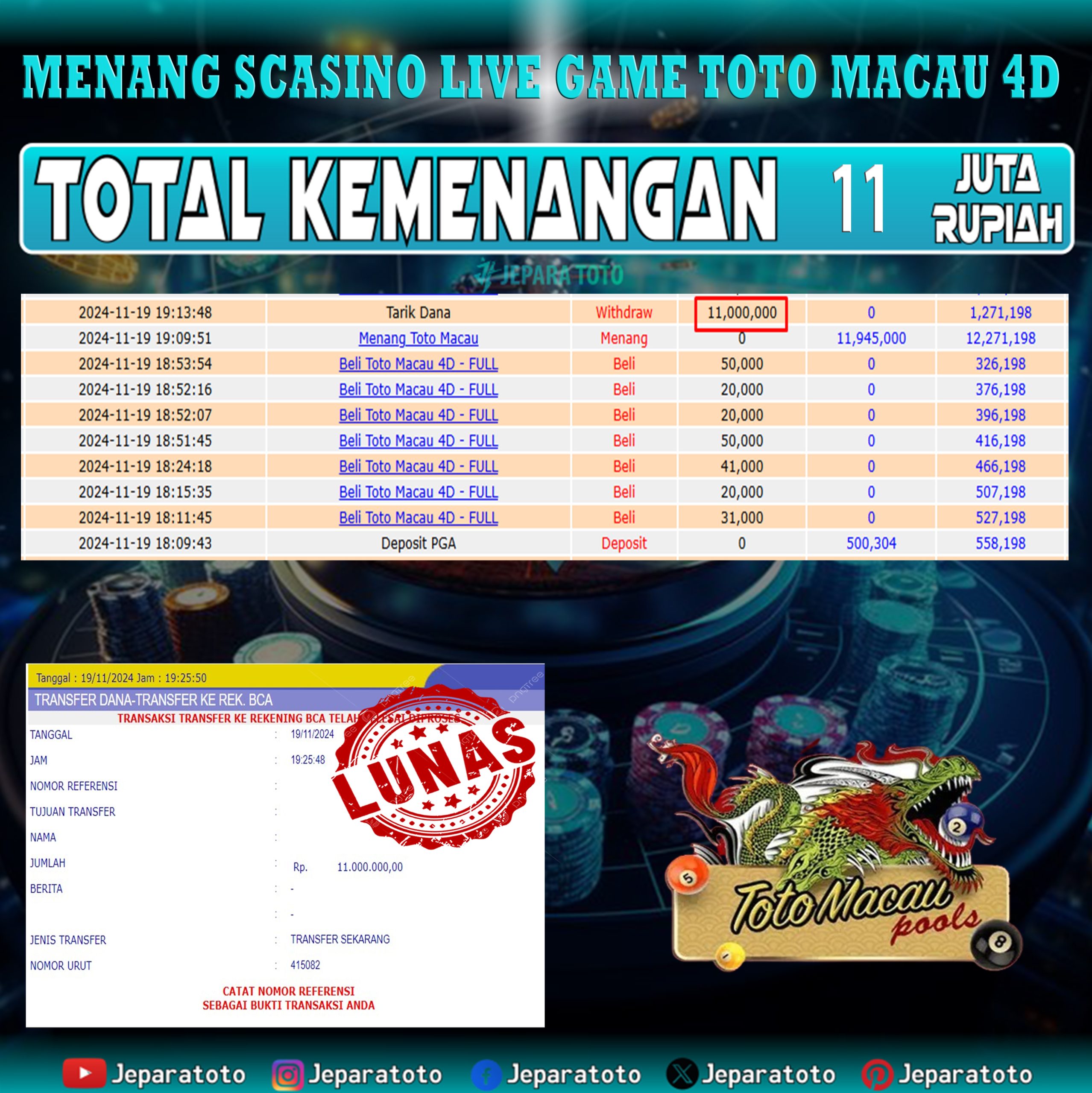 BUKTI KEMENANGAN CASINO LIVE GAME TOTO MACAU 4D MEMBER JEPARATOTO