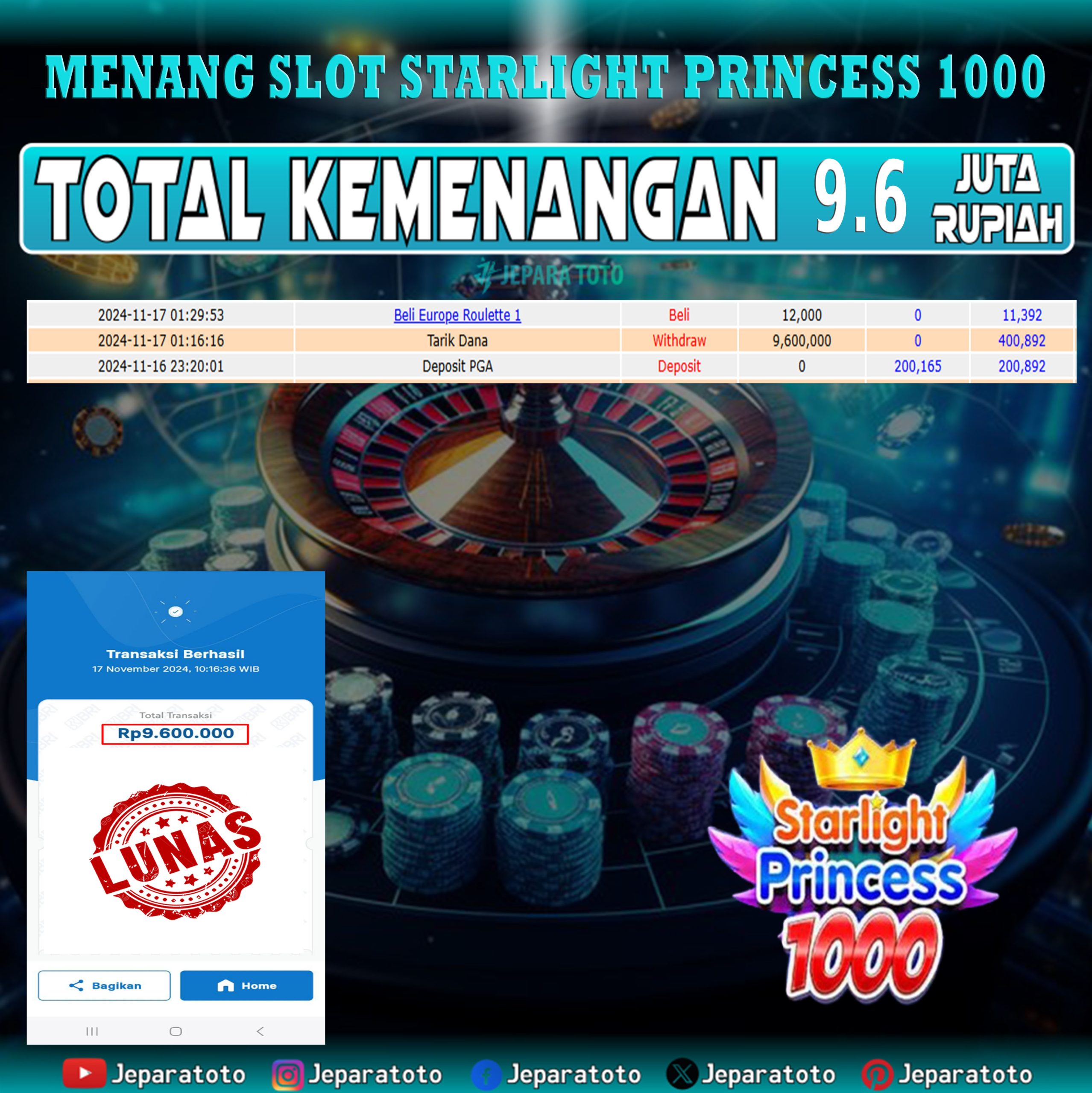 BUKTI KEMENANGAN SLOT STARLIGHT PRINCESS 1000 MEMBER JEPARATOTO