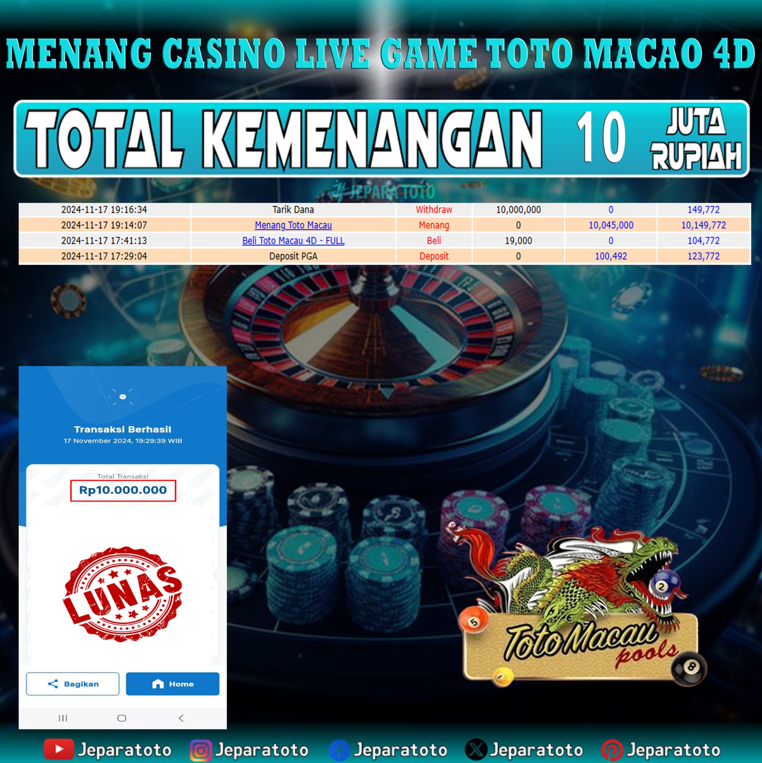 BUKTI KEMENANGAN CASINO LIVE GAME TOTO MACAO 4D MEMBER JEPARATOTO