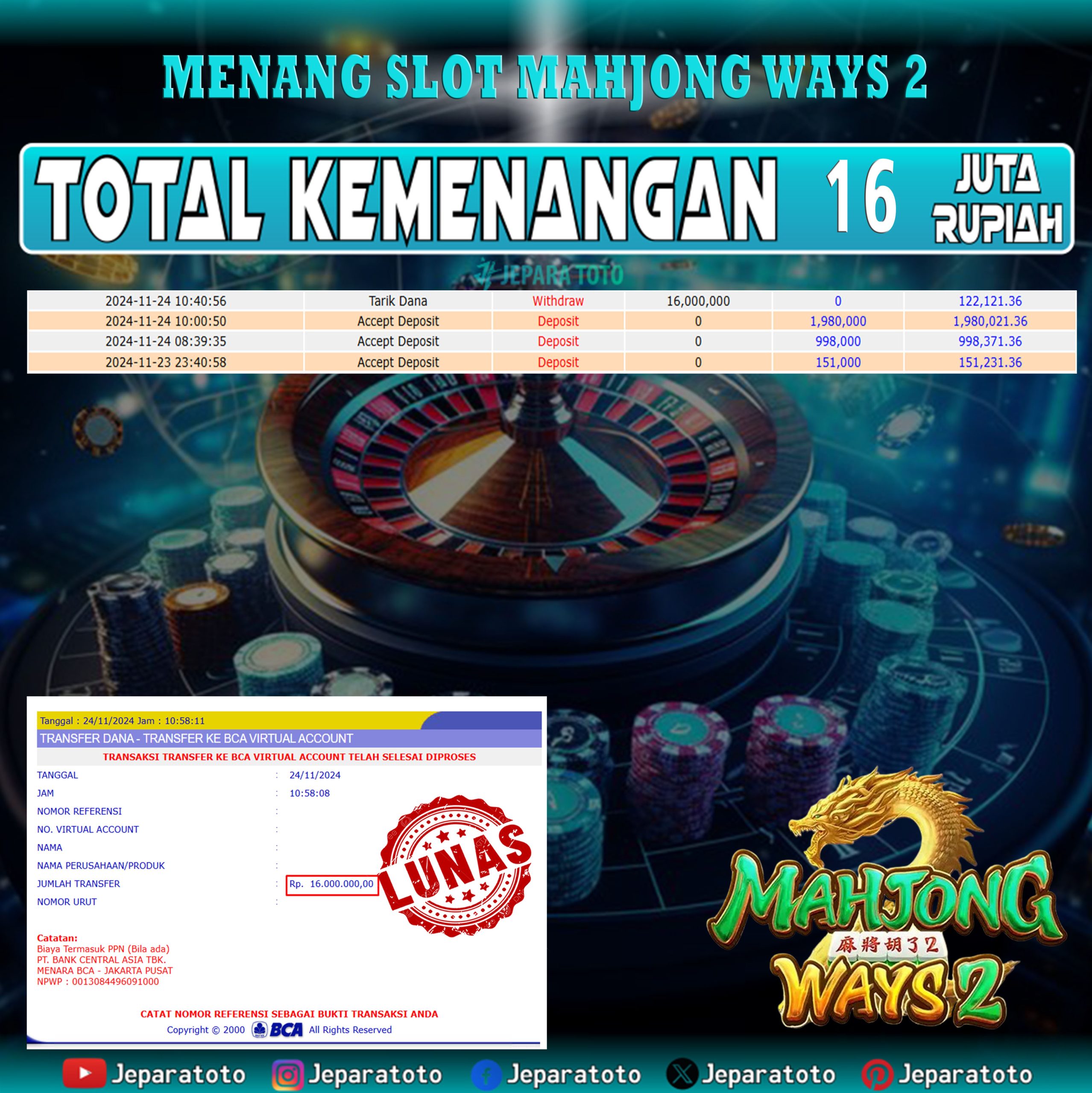 BUKTI KEMENANGAN SLOT MAHJONG WAYS 2 MEMBER JEPARATOTO