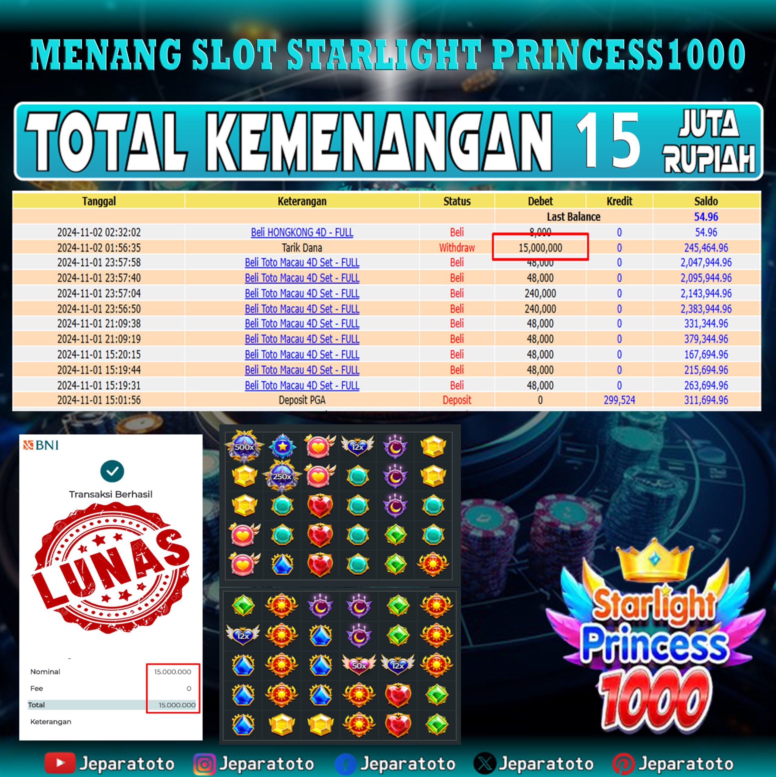 BUKTI KEMENANGAN SLOT STARLIGHT PRINCESS1000 MEMBER JEPARATOTO