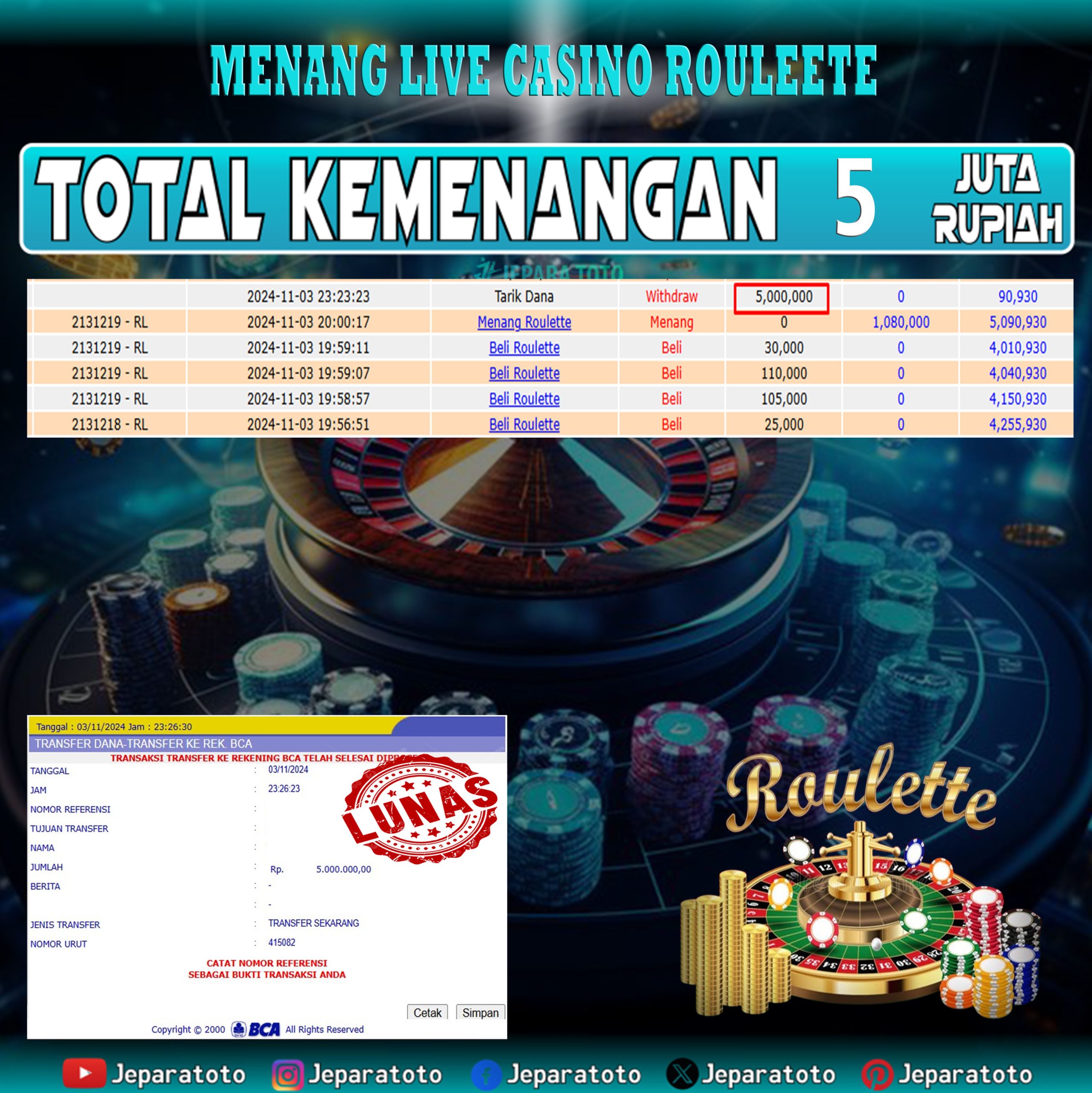 BUKTI KEMENANGAN CASINO LIVE GAME ROULLETE MEMBER JEPARATOTO