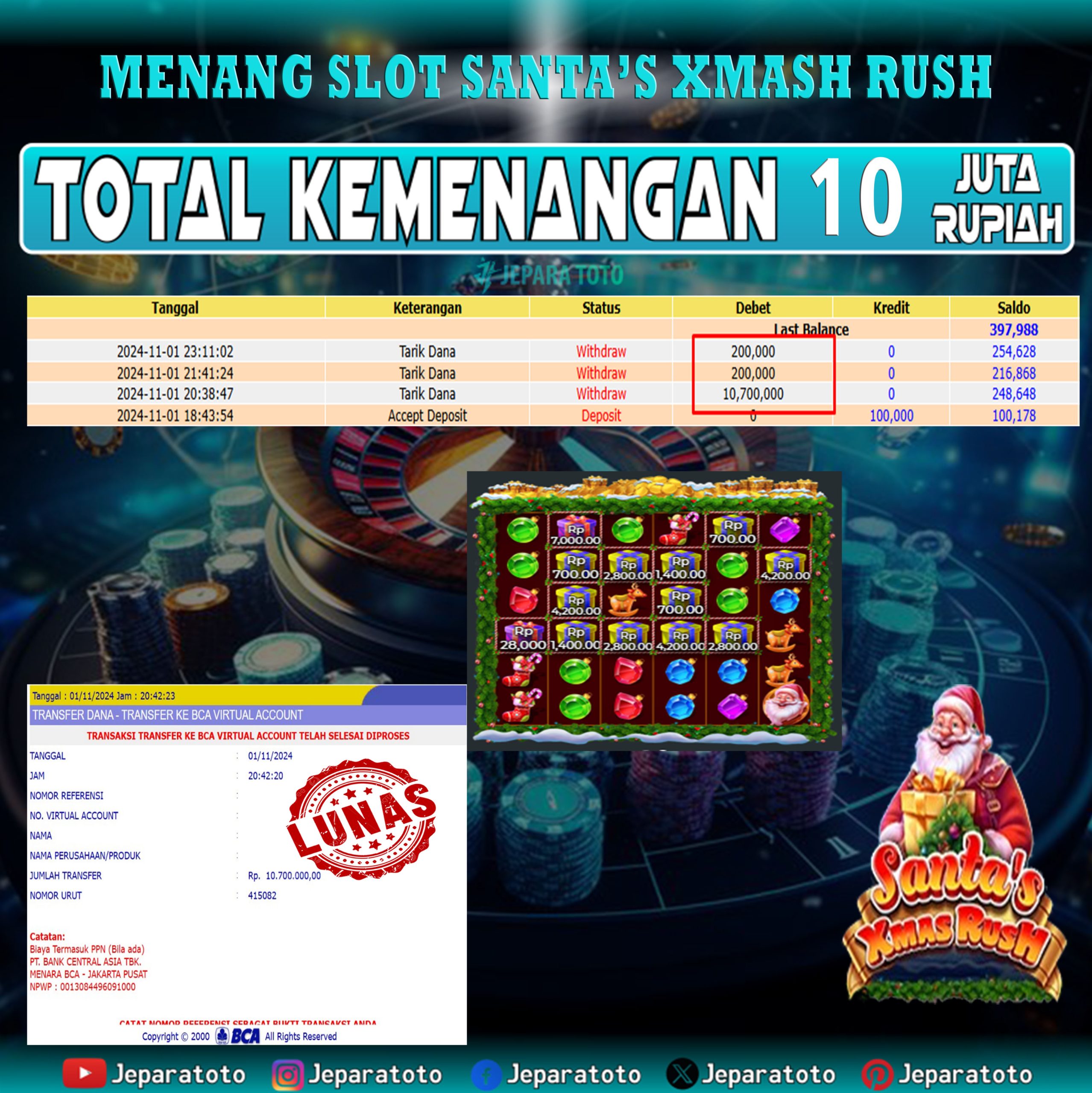 BUKTI KEMENANGAN SLOT SANTA’S XMASH MEMBER JEPARATOTO