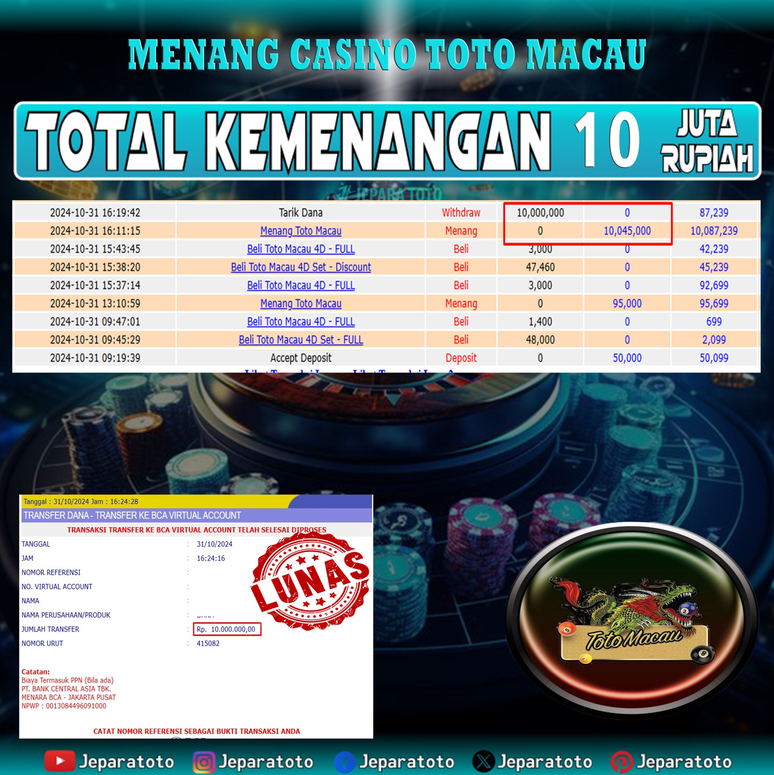 BUKTI KEMENANGAN LIVE GAME CASINO TOTOMACAU4D MEMBER JEPARATOTO