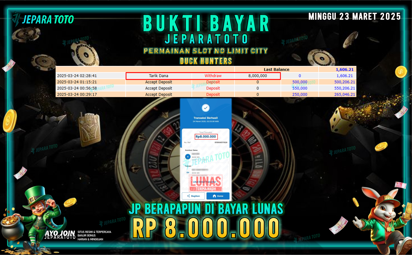 BUKTI KEMENANGAN MEMBER JEPARATOTO SLOT NO LIMIT CITY | GAME DUCK HUNTER