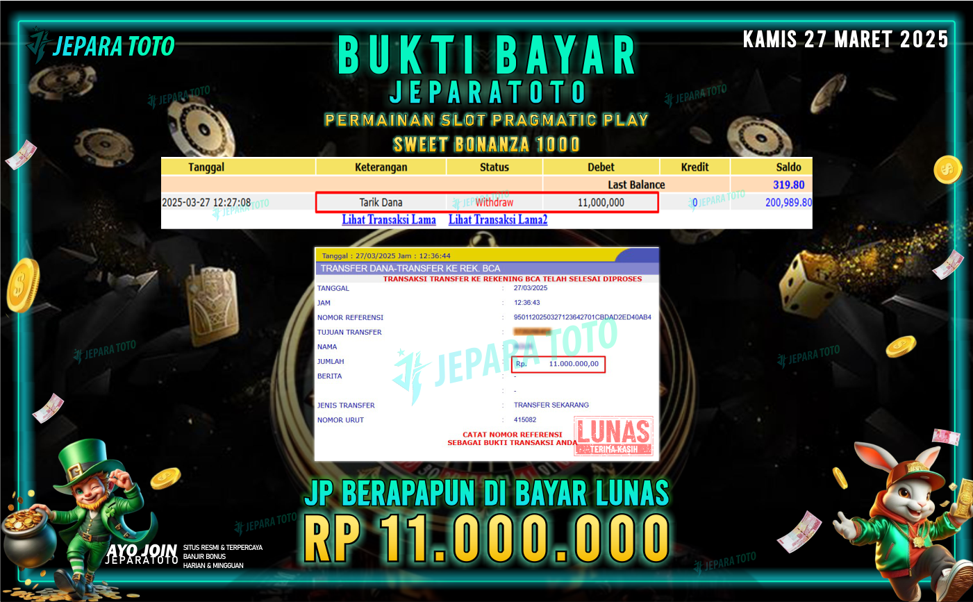 BUKTI KEMENANGAN MEMBER JEPARATOTO SLOT PRAGMATIC PLAY | GAME SWEET BONANZA 1000