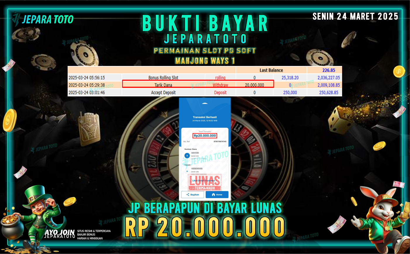 BUKTI KEMENANGAN MEMBER JEPARATOTO SLOT PG SOFT | GAME MAHJONG WAYS 1