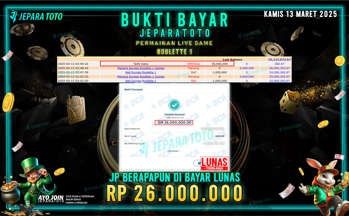 BUKTI KEMENANGAN MEMBER JEPARATOTO LIVE GAME | GAME ROULETTE 1