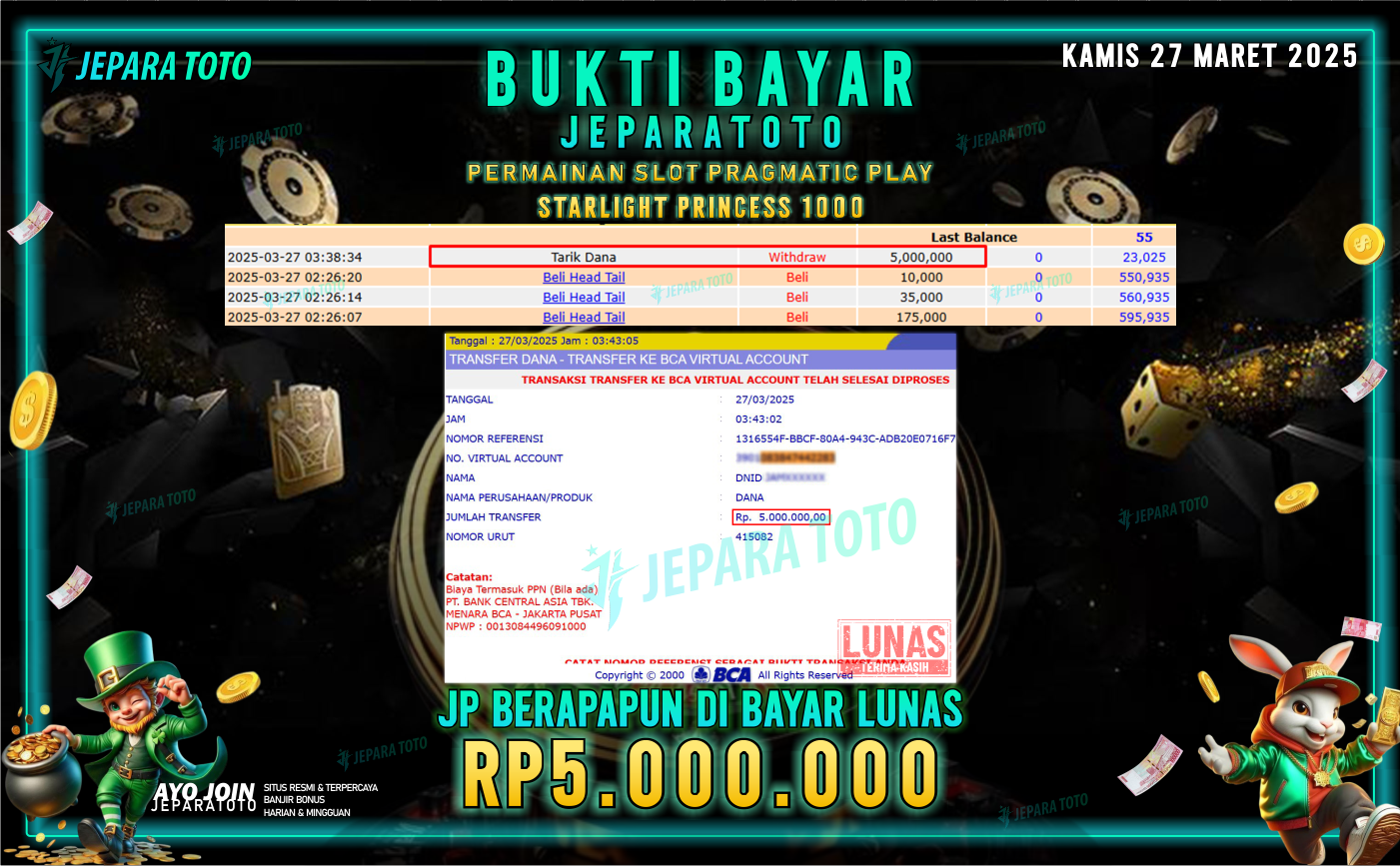 BUKTI KEMENANGAN MEMBER JEPARATOTO SLOT PRAGMATIC PLAY | GAME STARLIGHT PRINCESS 1000