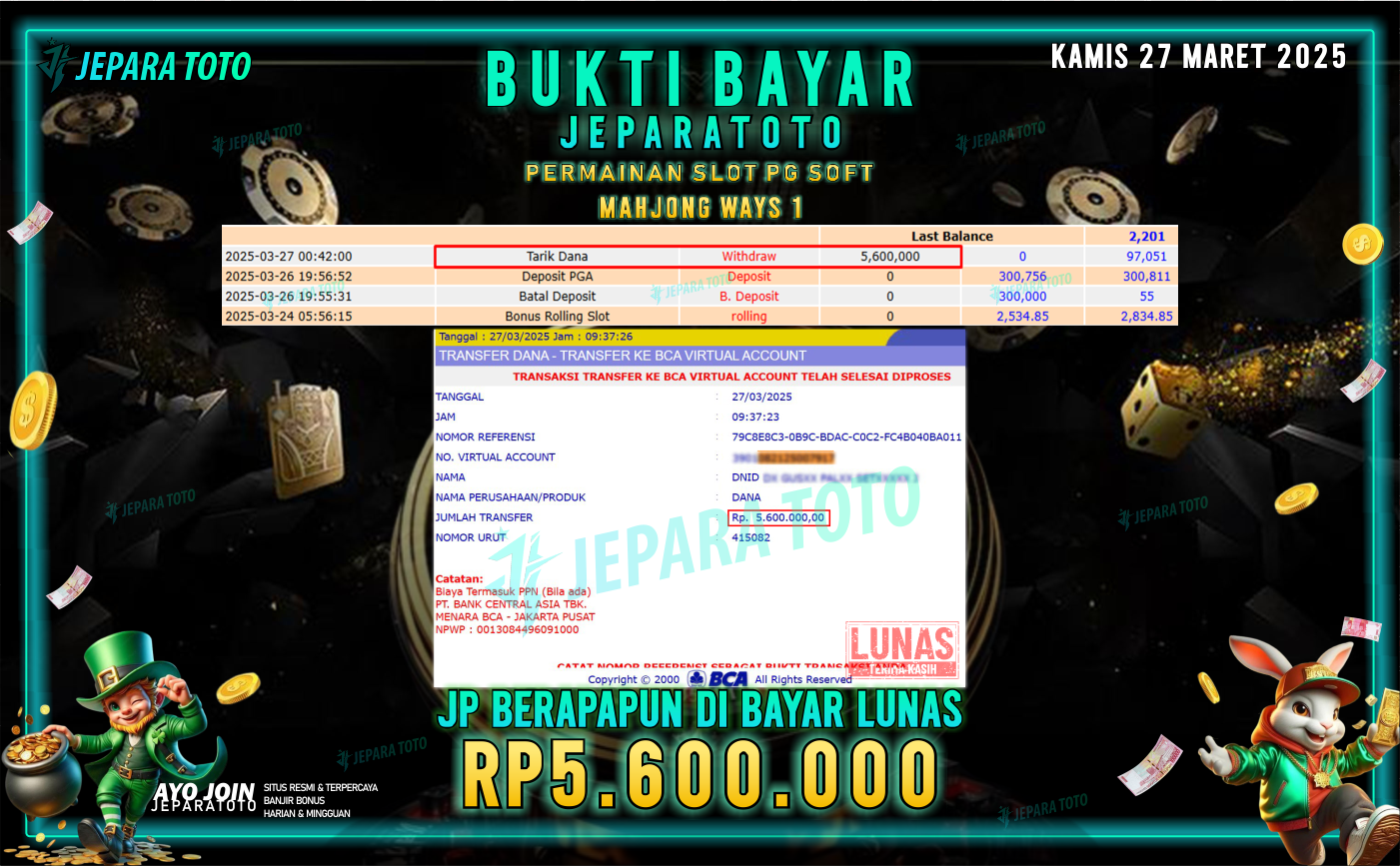 BUKTI KEMENANGAN MEMBER JEPARATOTO SLOT PG SOFT | GAME MAHJONG WAYS 1