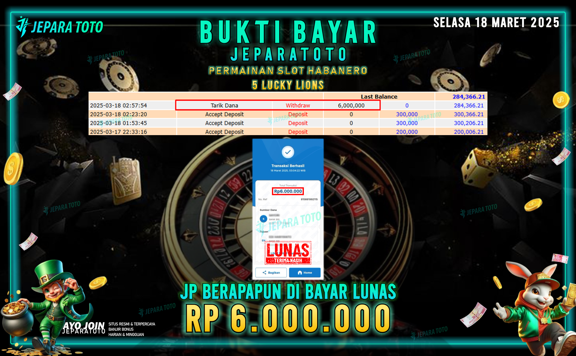 BUKTI KEMENANGAN MEMBER JEPARATOTO SLOT HABANERO | GAMES 5 LUCKY LIONS