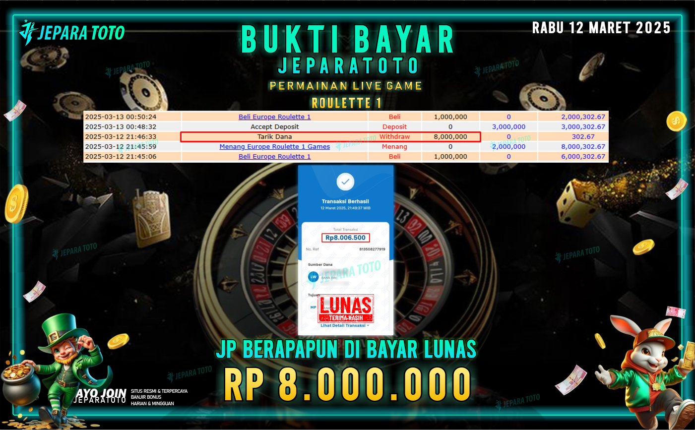 BUKTI KEMENANGAN MEMBER JEPARATOTO LIVE GAME | GAME ROULETTE 1