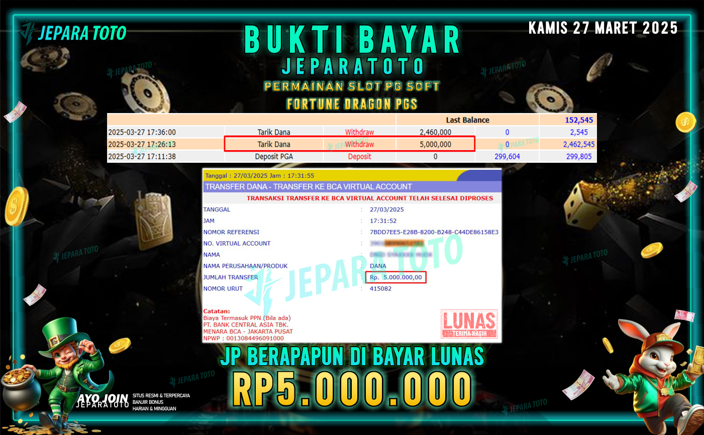 BUKTI KEMENANGAN MEMBER JEPARATOTO SLOT PG SOFT | GAME FORTUNE DRAGON PGS