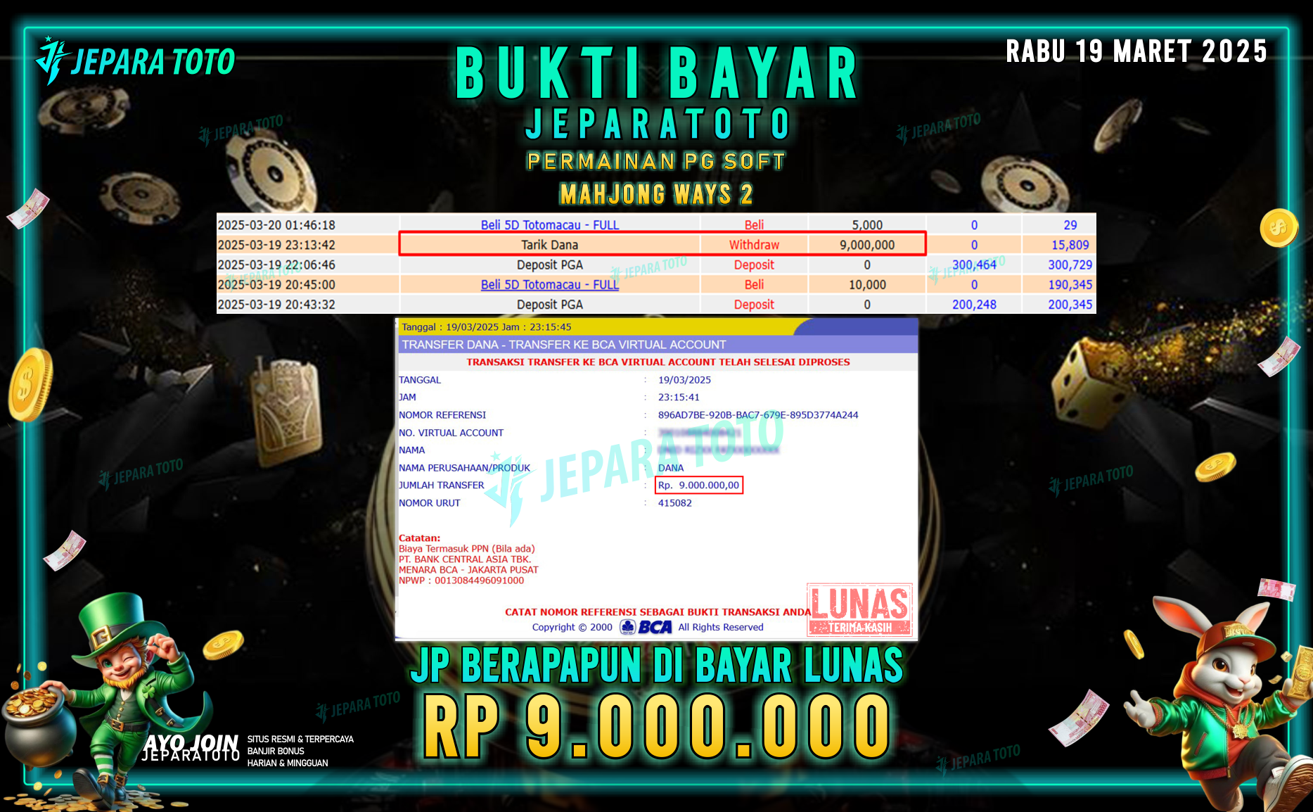 BUKTI KEMENANGAN MEMBER JEPARATOTO SLOT PG SOFT | GAME MAHJONG WAYS 2