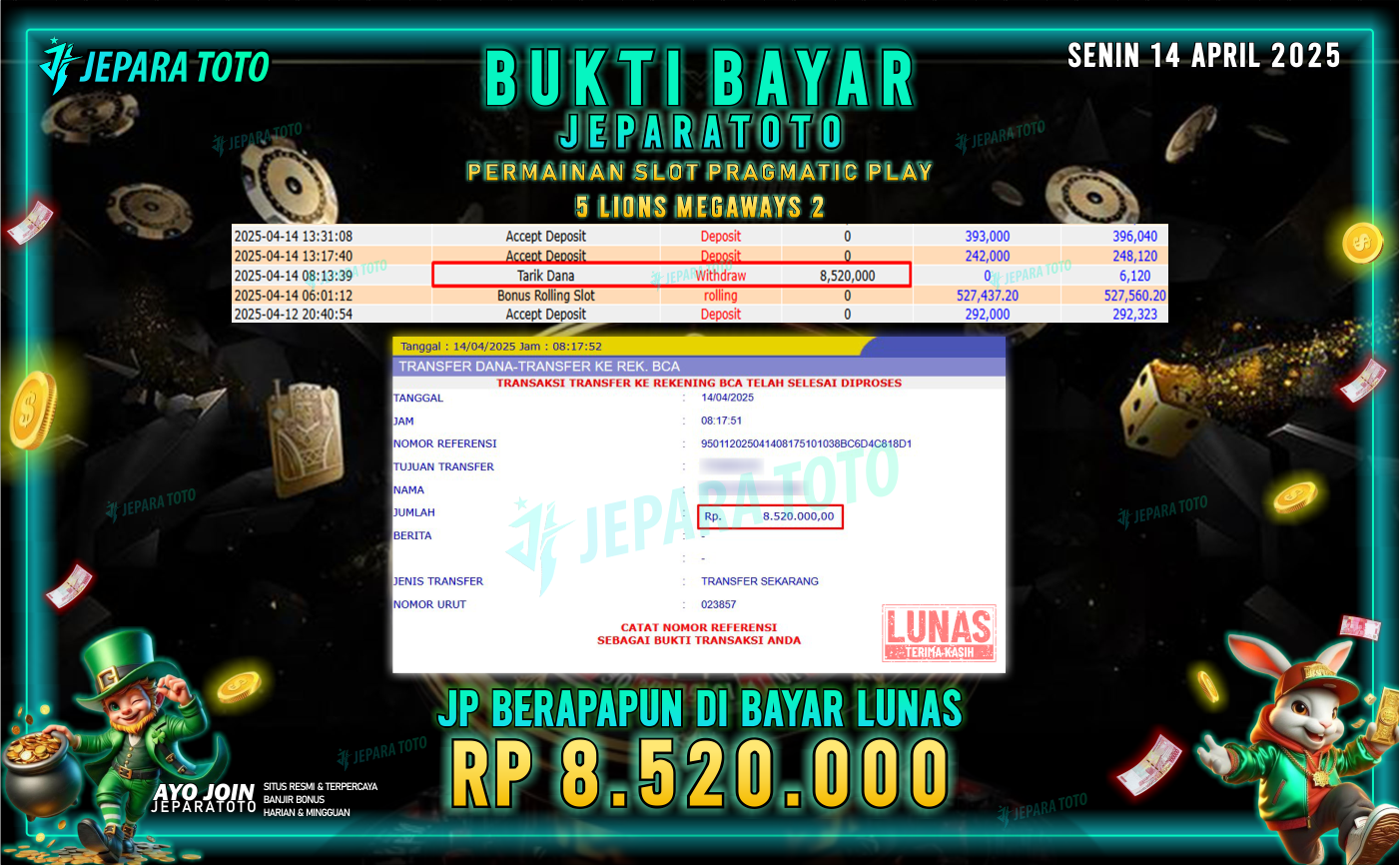 BUKTI KEMENANGAN MEMBER JEPARATOTO SLOT PRAGMATIC PLAY | GAME 5 LIONS MEGAWAYS 2