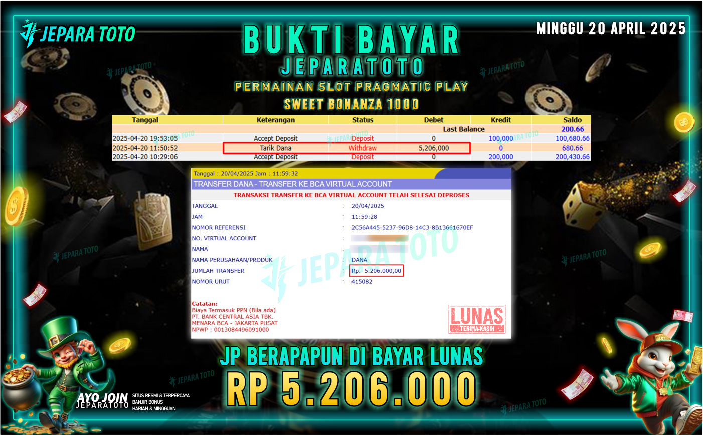 BUKTI KEMENANGAN MEMBER JEPARATOTO SLOT PRAGMATIC PLAY | SWEET BONANZA 1000
