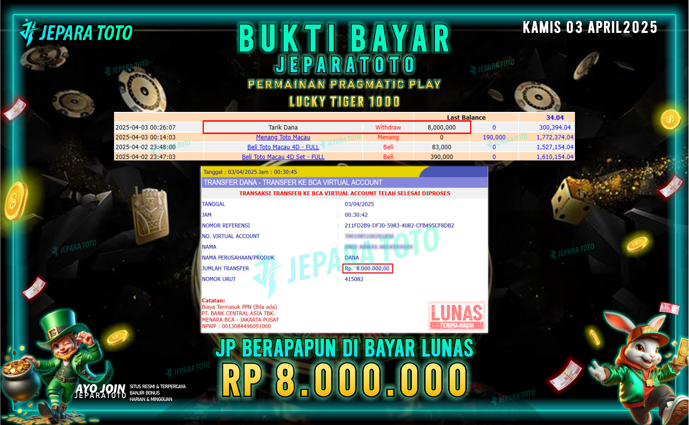BUKTI KEMENANGAN MEMBER JEPARATOTO SLOT PRAGMATIC PLAY | GAME LUCKY TIGER 1000