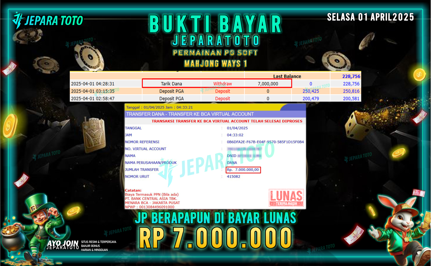 BUKTI KEMENANGAN MEMBER JEPARATOTO SLOT PG SOFT | GAME MAHJONG WAYS 1