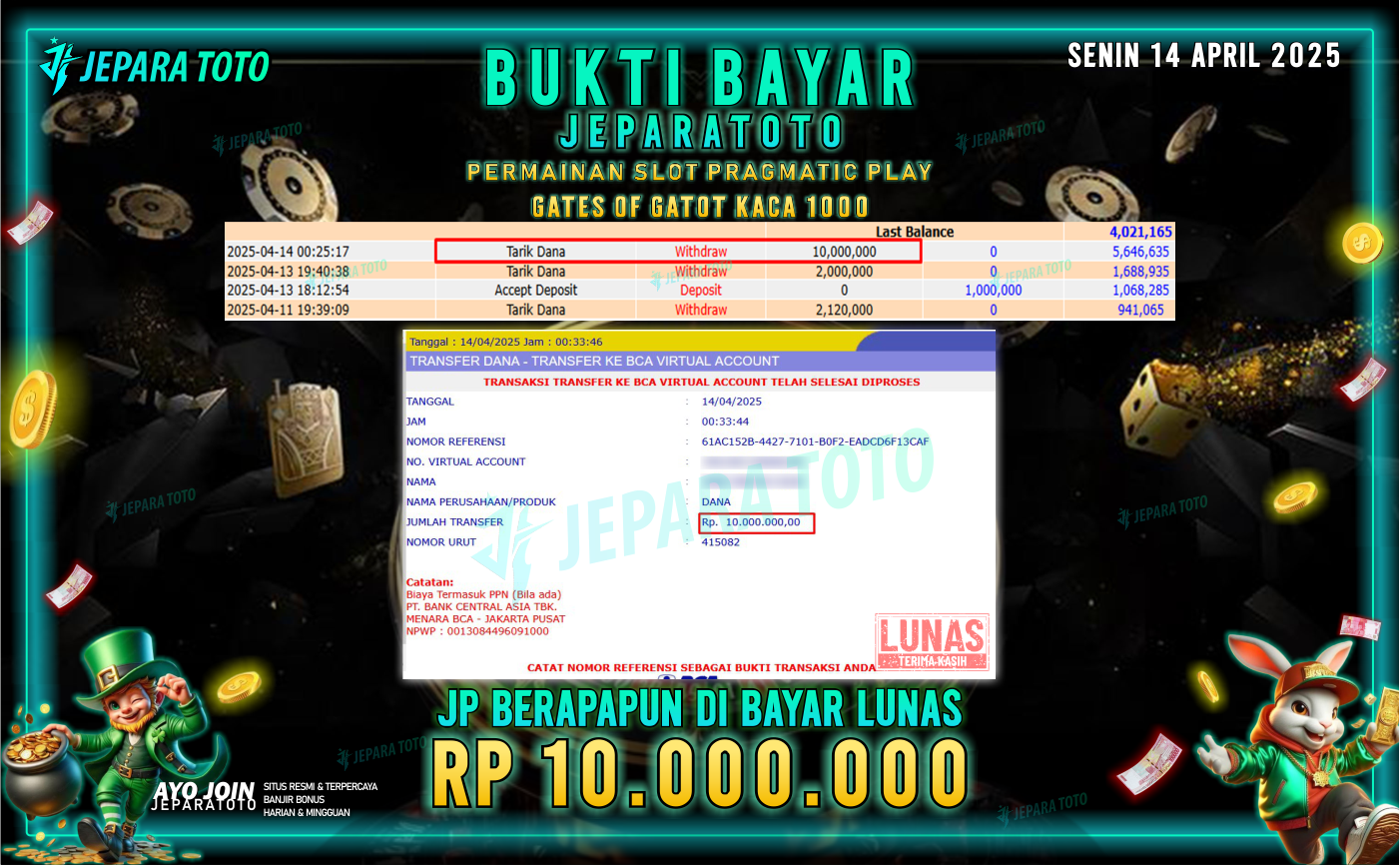 BUKTI KEMENANGAN MEMBER JEPARATOTO SLOT PRAGMATIC PLAY | GAME GATES OF GATOT KACA 1000