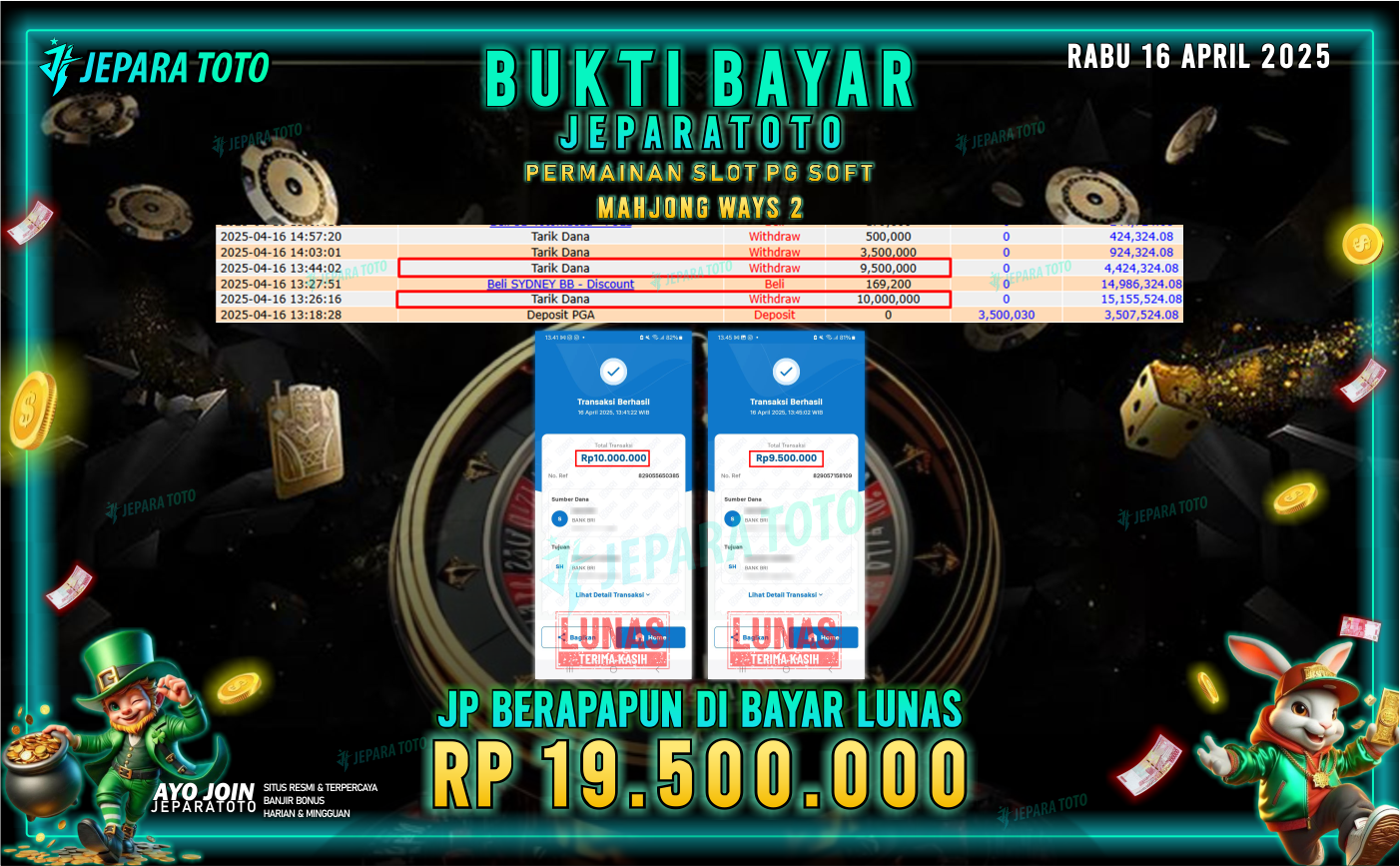 BUKTI KEMENANGAN MEMBER JEPARATOTO SLOT PG SOFT | GAME MAHJONG WAYS 2