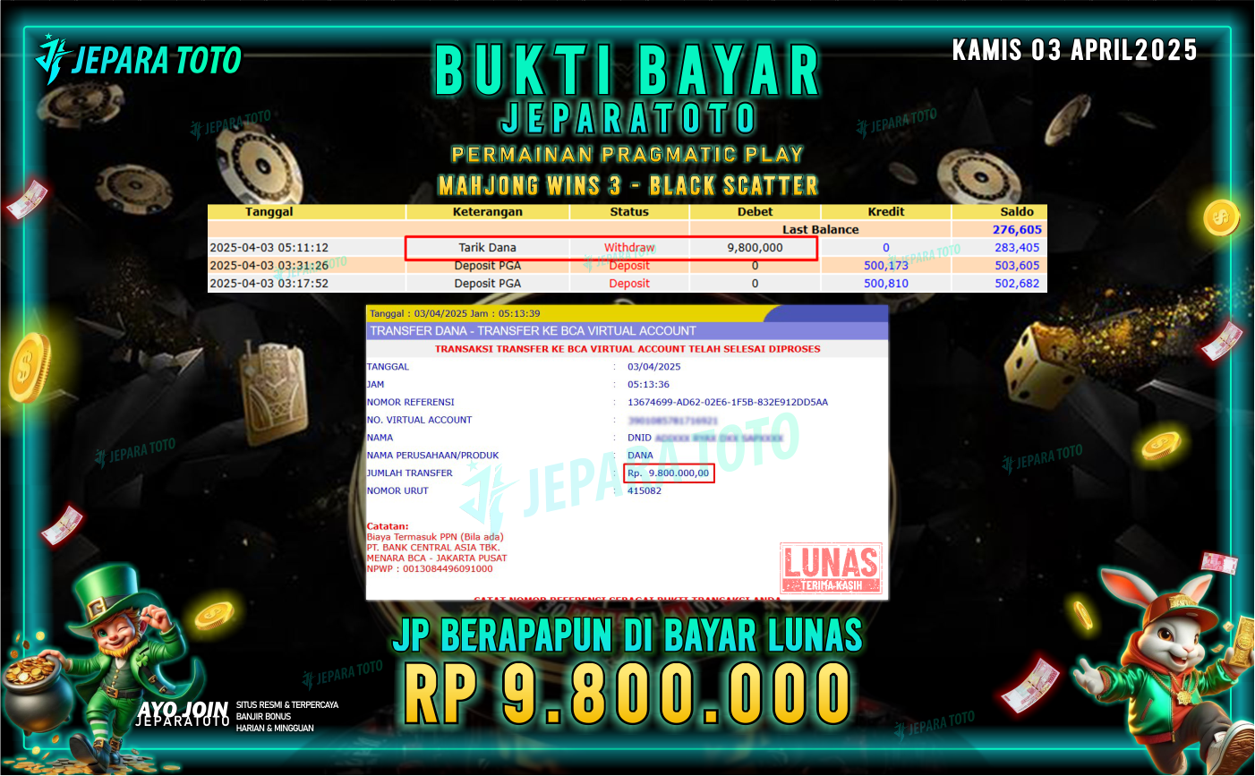 BUKTI KEMENANGAN MEMBER JEPARATOTO SLOT PRAGMATIC PLAY | GAME MAHJONG WINS 3 – BLACK SCATTER