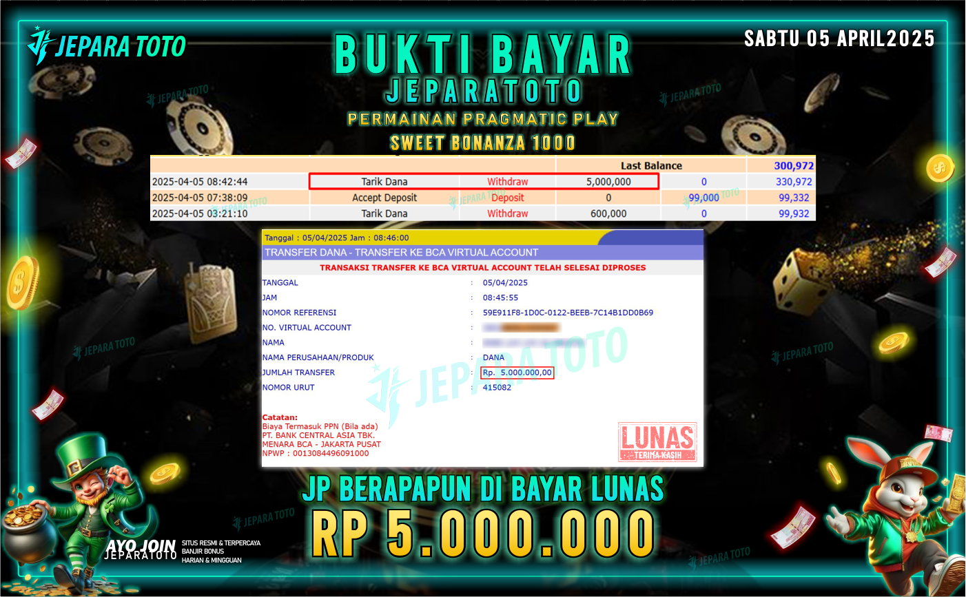 BUKTI KEMENANGAN MEMBER JEPARATOTO SLOT PRAGMATIC PLAY | GAME SWEET BONANZA 1000