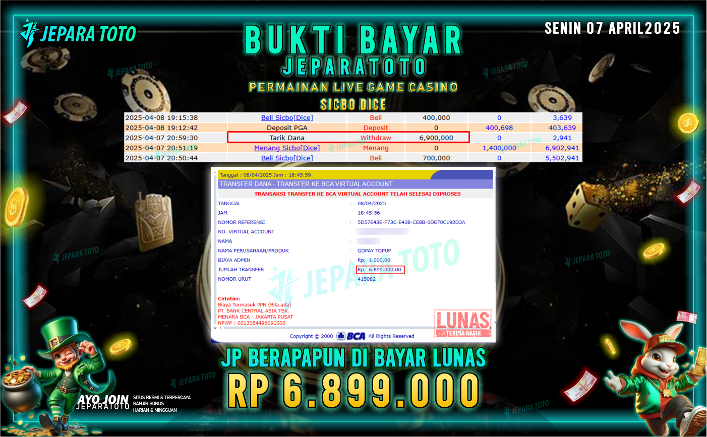 BUKTI KEMENANGAN MEMBER JEPARATOTO LIVE GAME CASINO | GAME SICBO DICE