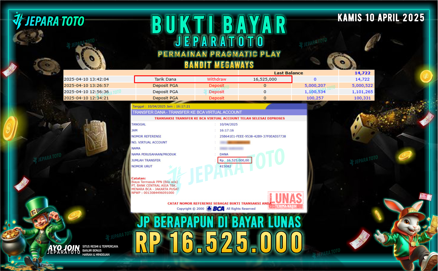BUKTI KEMENANGAN MEMBER JEPARATOTO SLOT PRAGMATIC PLAY | GAME BANDIT MEGAWAYS