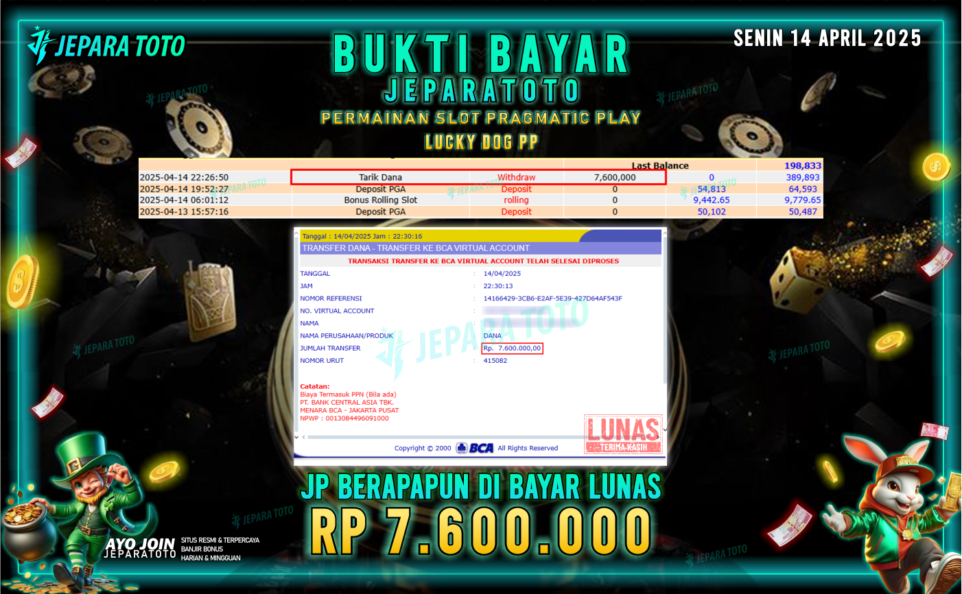 BUKTI KEMENANGAN MEMBER JEPARATOTO SLOT PRAGMATIC PLAY | GAME LUCKY DOG PP