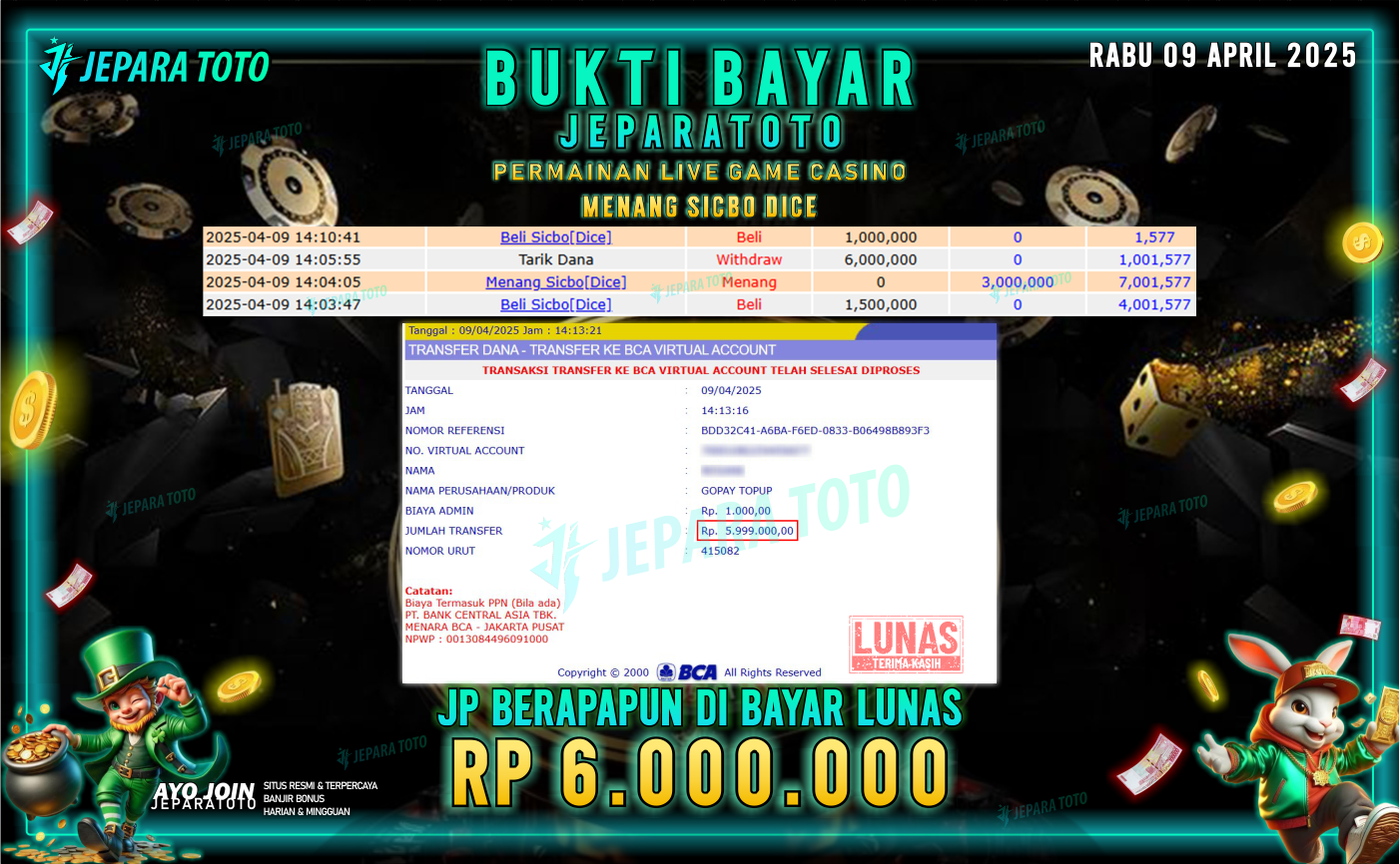 BUKTI KEMENANGAN MEMBER JEPARATOTO LIVE GAME CASINO | GAME SICBO DICE