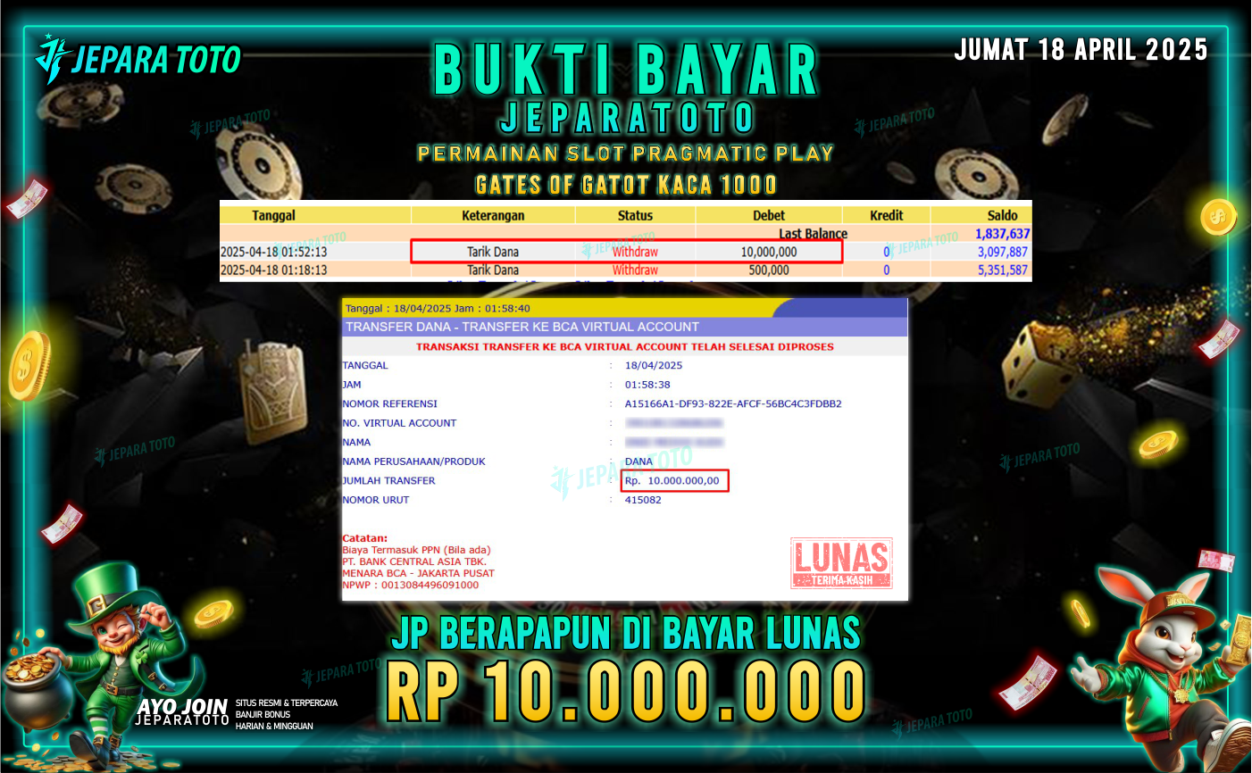 BUKTI KEMENANGAN MEMBER JEPARATOTO SLOT PRAGMATIC PLAY | GAME GATES OF GATOT KACA 1000