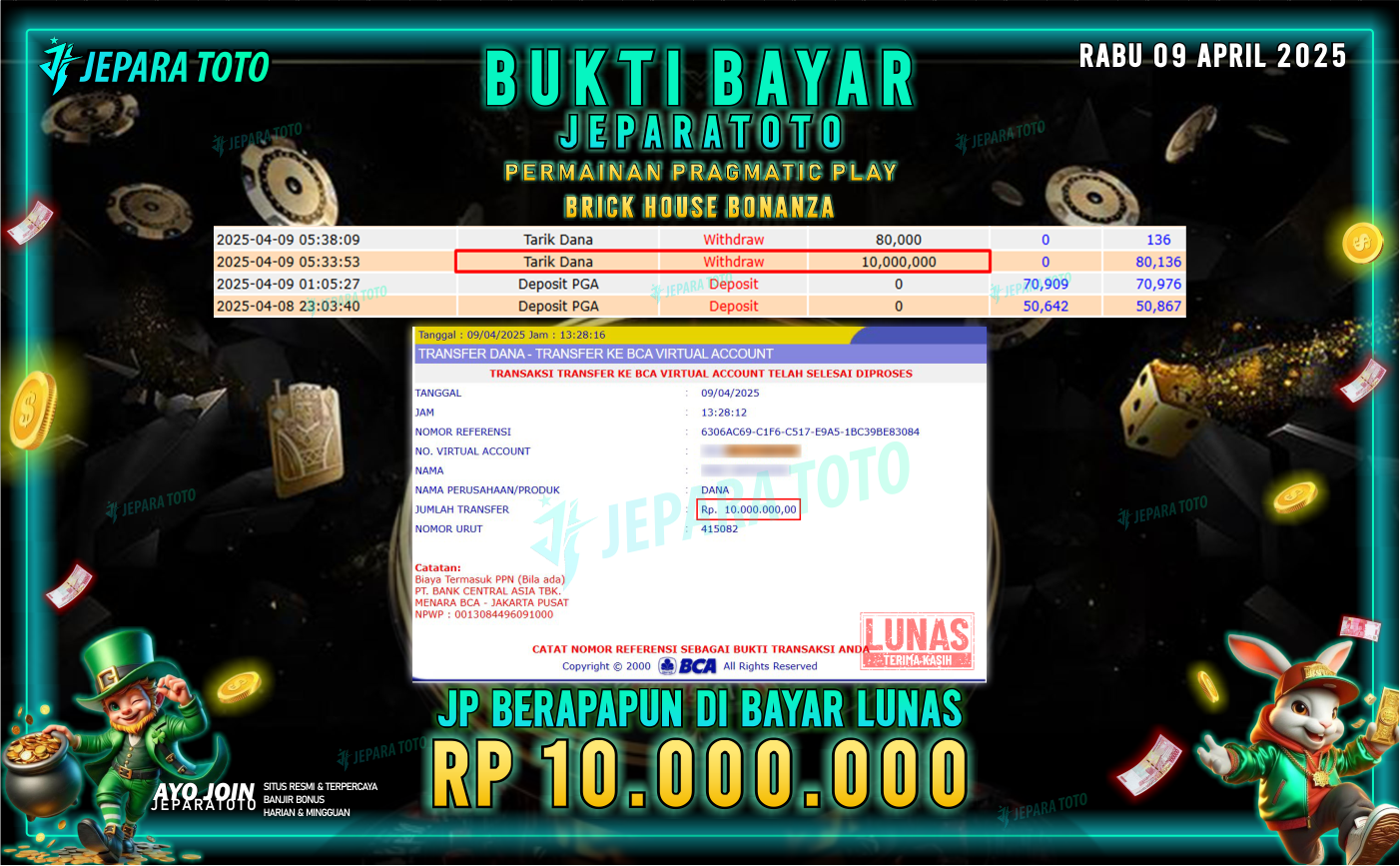BUKTI KEMENANGAN MEMBER JEPARATOTO SLOT PRAGMATIC PLAY | GAME BRICK HOUSE BONANZA