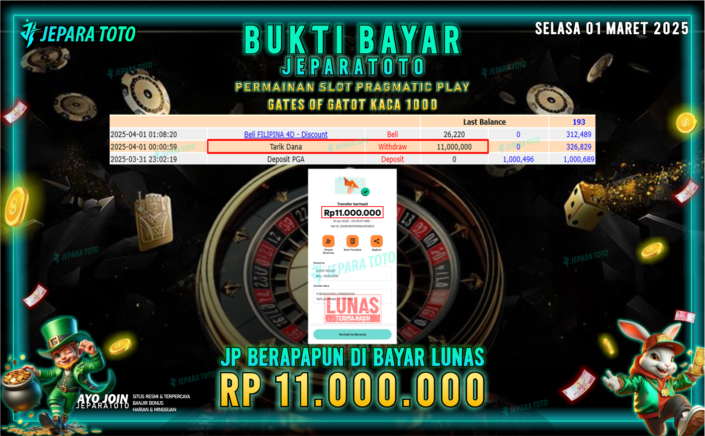 BUKTI KEMENANGAN MEMBER JEPARATOTO SLOT PRAGMATIC PLAY | GAME GATES OF GATOT KACA 1000