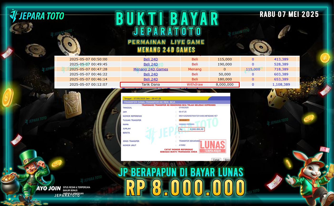BUKTI KEMENANGAN MEMBER JEPARATOTO LIVE GAME | 24D GAMES
