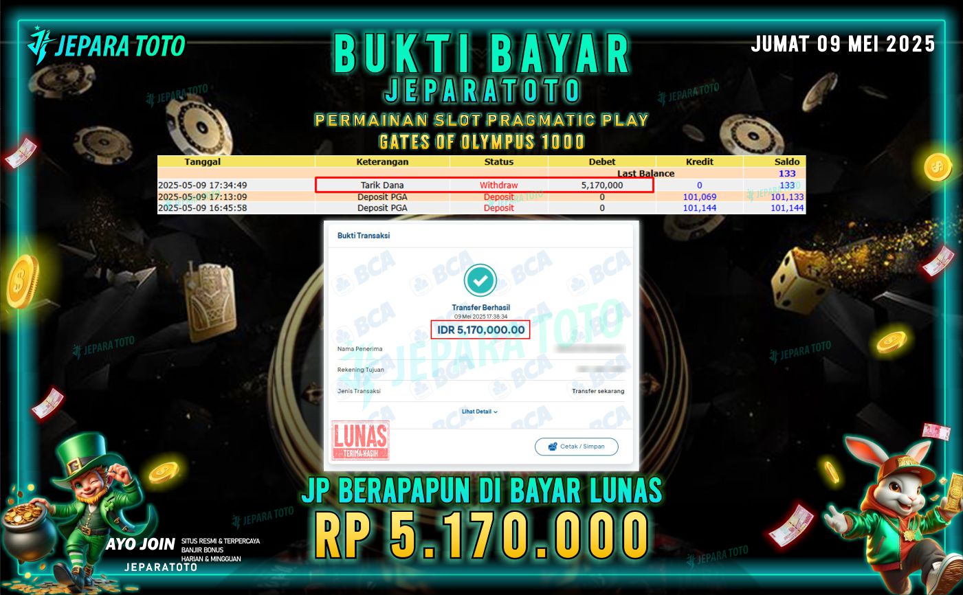 BUKTI KEMENANGAN MEMBER JEPARATOTO | GAME GATES OF OLYMPUS 1000