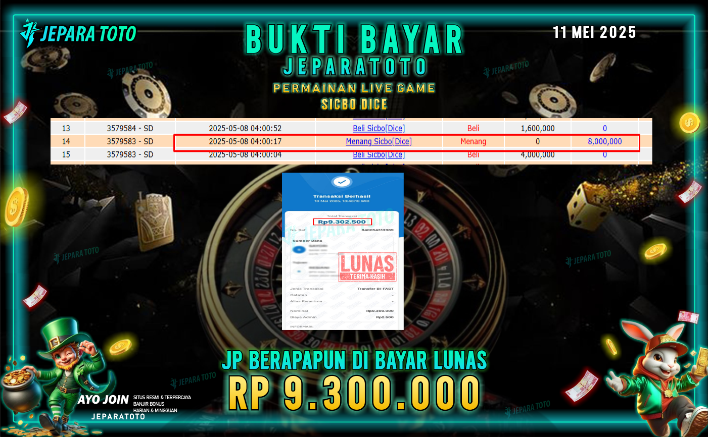 BUKTI KEMENANGAN MEMBER JEPARATOTO | SICBO DICE
